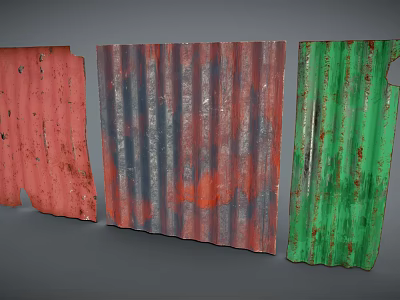 Rusty Weathered Corrugated Metal Sheets With Red Multicolored And Green Textures 3d model
