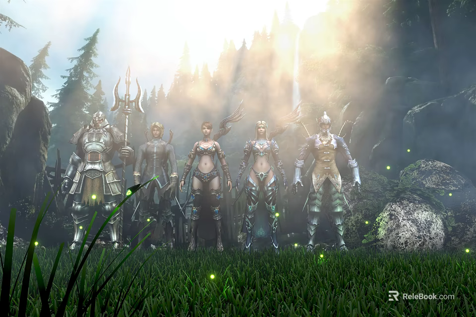 Cartoon Fantasy Scene With Armored Characters In Misty Forest And Glowing Lights 3d model 