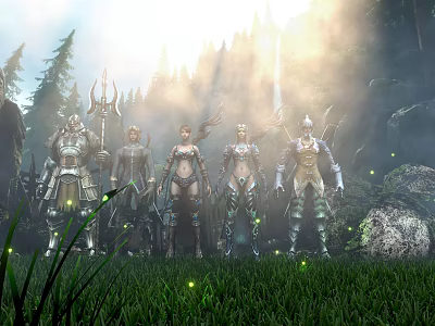 Cartoon Fantasy Scene With Armored Characters In Misty Forest And Glowing Lights 3d model