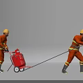 Men In Orange Firefighting Uniforms Wearing Safety Helmets Pushing Red Gas Cylinder Cart