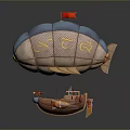 Blue And White Hot Air Balloon With Red Flag Yellow Symbols Small Wings And Wooden Basket