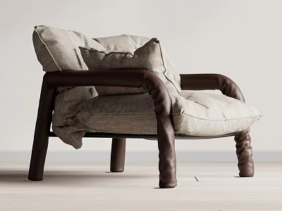 Modern Lounge Chair With Beige Linen Cushions And Brown Leather Armrests Design 3d model