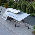 Modern Bus Stop With Curved Roof And Transparent Glass Structure Featuring Pedestrians And Trees