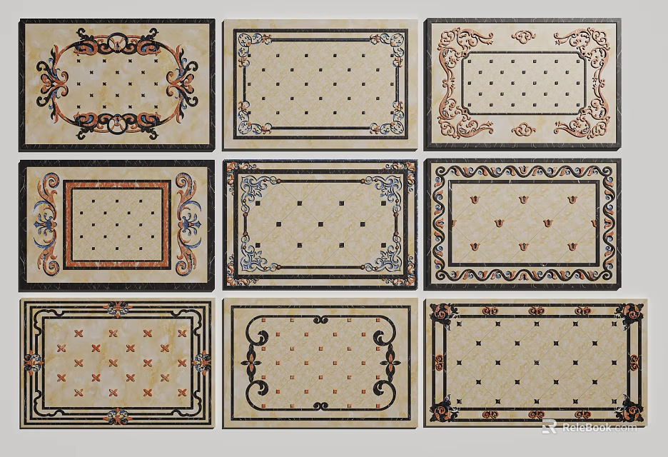 Decorative Floor Tiles With Various Patterns And Ornate Borders In Different Styles 3d model