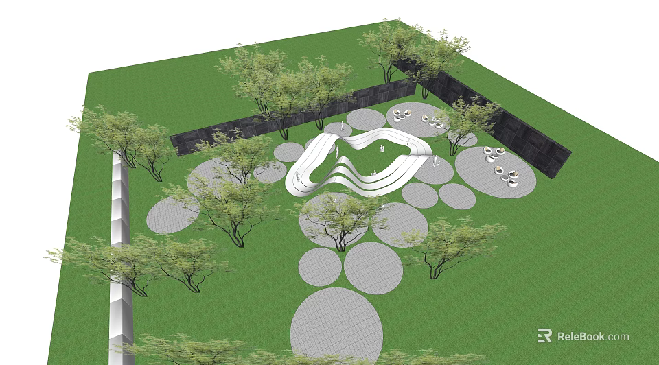 Curved Pergola Design with Circular Paving and Trees in Green Grass Landscape 3d model 
