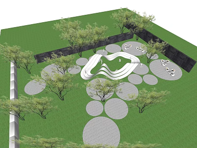 Curved Pergola Design with Circular Paving and Trees in Green Grass Landscape 3d model