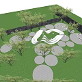 Curved Pergola Design with Circular Paving and Trees in Green Grass Landscape