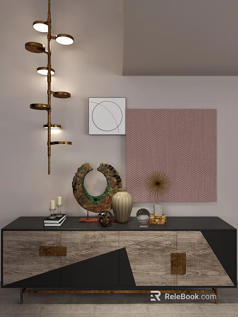 Modern Entryway Console Cabinet With Decorative Vase Sculpture And Wall Art 3d model 