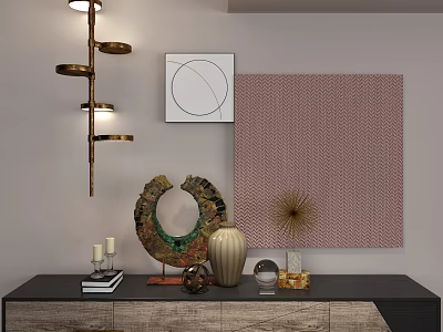 Modern Entryway Console Cabinet With Decorative Vase Sculpture And Wall Art 3d model