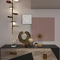 Modern Entryway Console Cabinet With Decorative Vase Sculpture And Wall Art