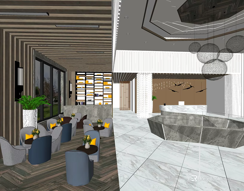 Modern Sales Office Interior With Reception Desk Seating Area And Decorative Pendant Lights 3d model 