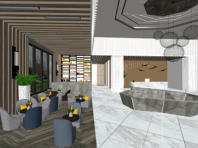 Modern Sales Office Interior With Reception Desk Seating Area And Decorative Pendant Lights 3d model
