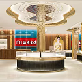 Luxurious Jewelry Store Interior Design With Golden Counter And Chandelier Display Area
