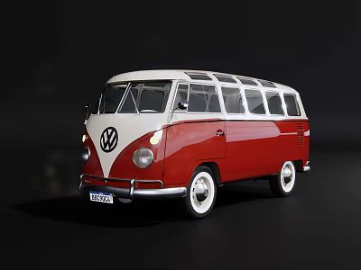 Classic Red And White Vintage Volkswagen Van With Retro Design Features 3d model