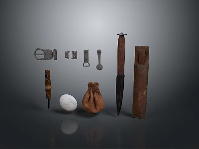 Ancient Weapons and Related Accessories Including Daggers Knives Leather Pouches Stones and Metal Parts 3d model