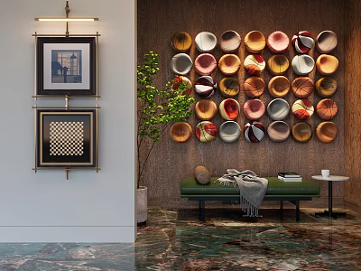 Colorful Circular Wall Decor Arranged On Wooden Wall With Green Plant And Marble Floor 3d model