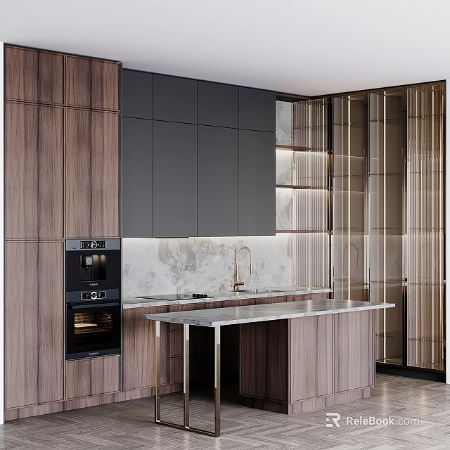 Modern Kitchen Interior With Wooden Black Cabinets Marble Island And Glass Elements 3d model 