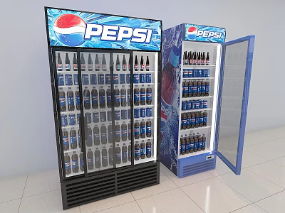 Commercial Display Refrigerators With Pepsi Sprite Logos Stocked With Bottled Drinks Open Door Design 3d model
