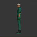 Man In Green Suit With Decorations Standing With Arms Outstretched On White Background
