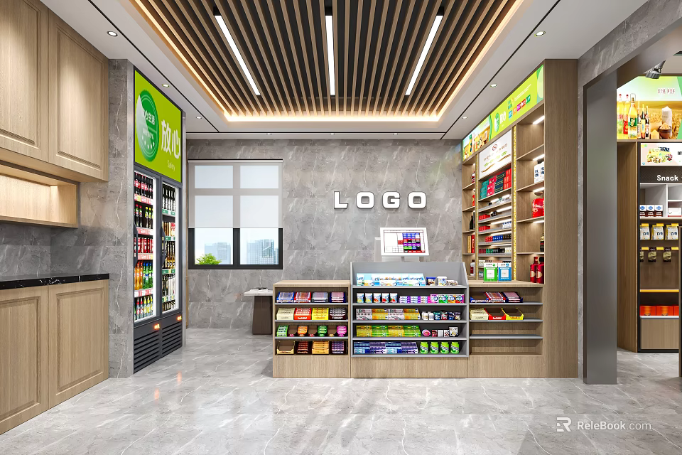 Supermarket Department Store with Refrigerator Shelves Products Checkout Counter Green Signage Marble Floor 3d model 