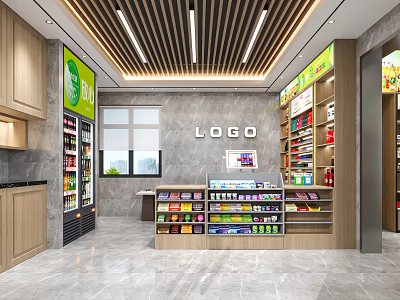 Supermarket Department Store with Refrigerator Shelves Products Checkout Counter Green Signage Marble Floor 3d model