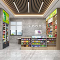 Supermarket Department Store with Refrigerator Shelves Products Checkout Counter Green Signage Marble Floor
