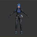 Futuristic 3D Character With Blue Hair Black And Blue Outfit And Glowing Gear