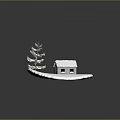 Small Snow Covered House With Windows And Snowy Pine Tree On White Snowy Ground