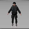Standing 3D Human Character Model In Black Hoodie Vest With Pockets And Sneakers