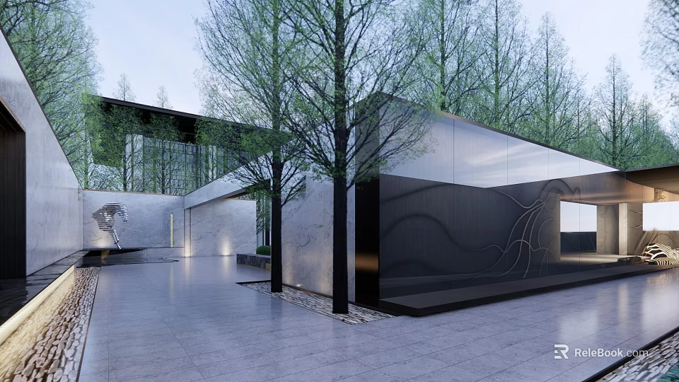 Modern Entrance Gate Architectural Design With Trees Stone Walls And Metal Elements 3d model 