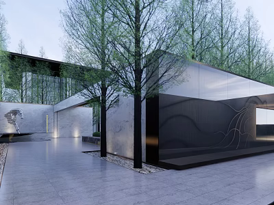 Modern Entrance Gate Architectural Design With Trees Stone Walls And Metal Elements 3d model