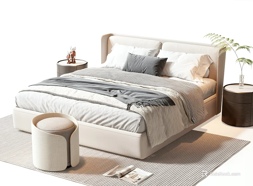 Double Bed With White Gray Pillows And Blanket In Modern Bedroom With Nightstands Stool And Striped Rug 3d model 
