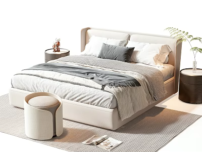 Double Bed With White Gray Pillows And Blanket In Modern Bedroom With Nightstands Stool And Striped Rug 3d model