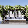 Pergola Covered with Green Vines and Purple Flowers With White Bench on Dark Tiled Floor