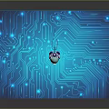 Smart Robot Moving On Blue Platform With White Circular Area And Green Dots