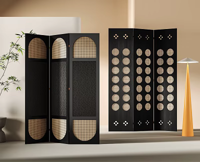 Modern Black Folding Room Screens With Geometric Patterns And Circular Cutout Designs 3d model