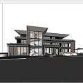 Modern Detached Villa Architectural Design With Glass Facade Large Windows Driveway And Trees