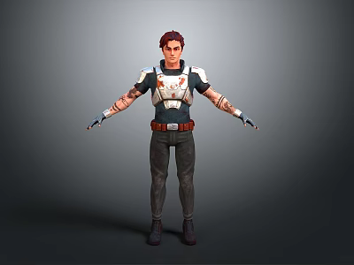 3D Model Human Male Character With Red Hair Armored Shirt Tattoos Dark Pants Boots Gray Background 3d model