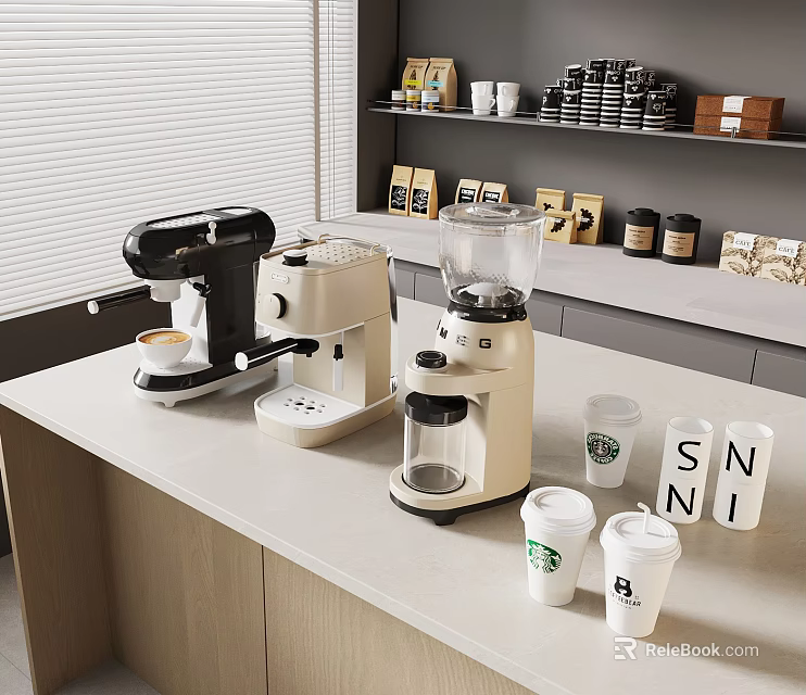 Modern Coffee Counter With Espresso Machine Grinder Starbucks Cups And Supplies 3d model 
