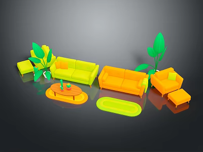 Yellow and Orange Sofa Coffee Table Set with Green Plants and Side Stools 3d model