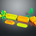 Yellow and Orange Sofa Coffee Table Set with Green Plants and Side Stools 3d model