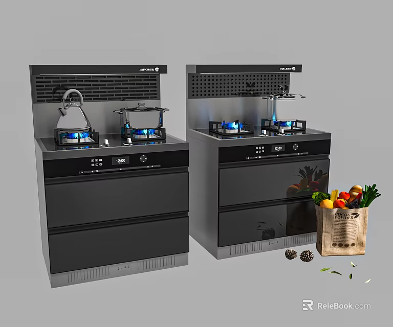 Modern Kitchen Appliances With Gas Stoves Control Panels And Fresh Vegetables 3d model 