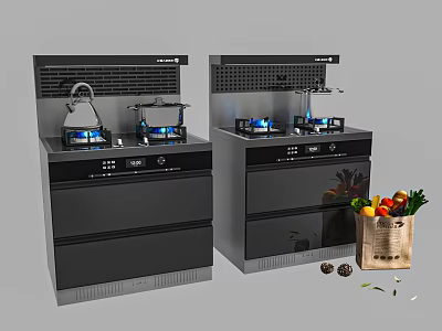Modern Kitchen Appliances With Gas Stoves Control Panels And Fresh Vegetables 3d model