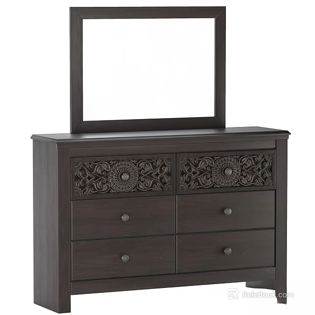 Dark Wood Dresser With Carved Drawers And Mirror For Bedroom Storage 3d model 