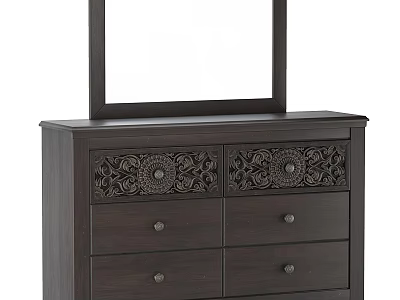 Dark Wood Dresser With Carved Drawers And Mirror For Bedroom Storage 3d model