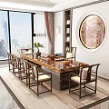 Traditional Solid Wood Tea Table and Chairs with Beige Cushions City View and Decorative Plants