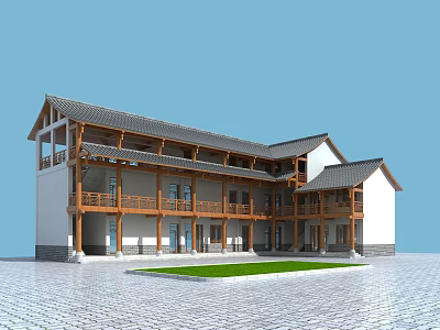 Traditional Chinese Courtyard Building With Wooden Balconies Grey Tiled Roof And Central Lawn 3d model