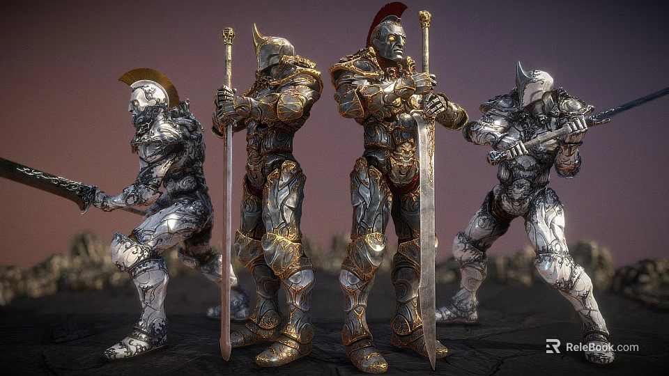 Armored Warriors in Battle Gear Holding Swords and Staffs 3d model 