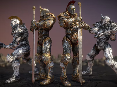 Armored Warriors in Battle Gear Holding Swords and Staffs 3d model