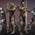 Armored Warriors in Battle Gear Holding Swords and Staffs